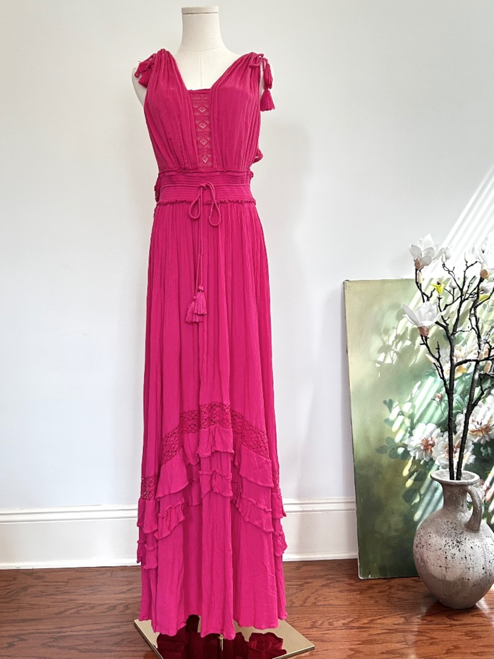Free People Santa Maria Maxi Dress XL Love Pink Crochet Lace Open Back Boho - Picture 2 of 14